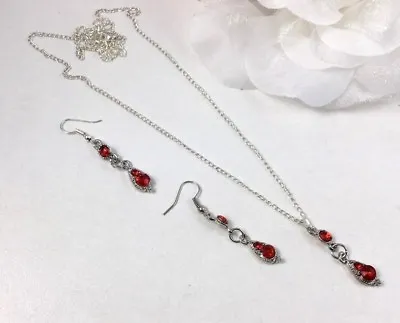 £1.99 • Buy Silver Tone Tear Drop Metal & Red Acrylic Crystal Pendant Necklace Earring Set