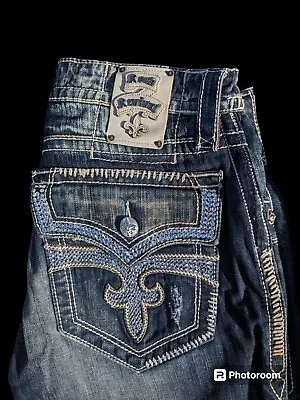 $220 Rock Revival Mens Jeans 36x32 Blue Denim Steven Straight Leg Distressed Y2K • $109