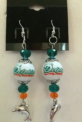 Miami Dolphins Earrings Ornament Jewelry Glass Bead Football Collectible Nfl • $13.50