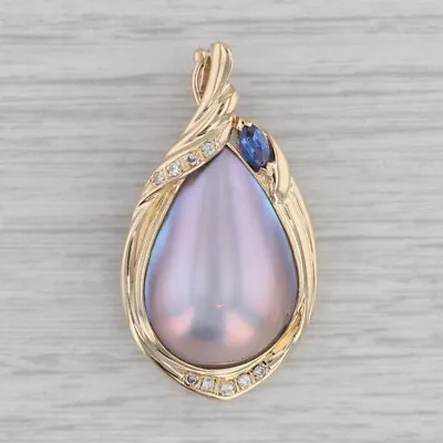 Mabe Pearl Sapphire Diamond Teardrop Statement Pendant Enhancer 14k Yellow Gold • $749.99