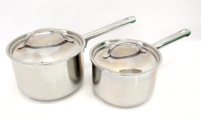 £14.51 • Buy Pair Of MEYER Stainless Steel Saucepans With Lids 16cm & 18cm UNBOXED - U04