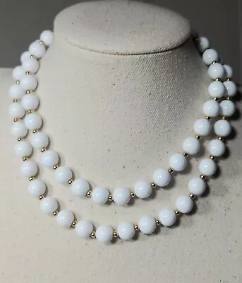 Vintage Monet 30  White Bead Necklace With Gold Spacers Plastic • $6