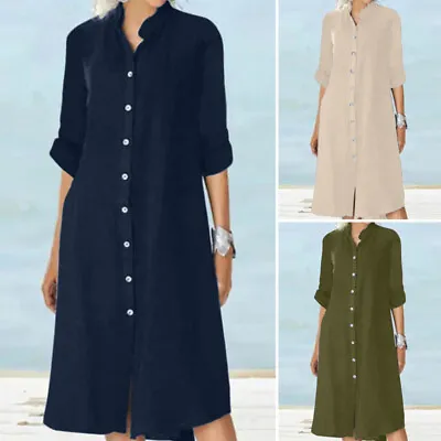 Womens Autumn Long Sleeve Button Up Cotton Shirt Dress Casual Loose Midi Dresse • £15.52