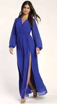 Lulus Women’s Royal Blue Long Sleeve V-Neck High Slit Maxi Dress - Size XL • $50