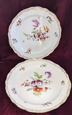 PAIR Antique Meissen Hand Painted Blooming Flowers 6 3/4  Scalloped Gilt Plates • $59