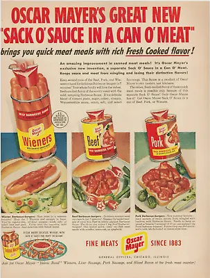 1950 Oscar Mayer  Fine Meats Cocktail Wieners Beef Pork Burgers Vintage Print Ad • $11.50