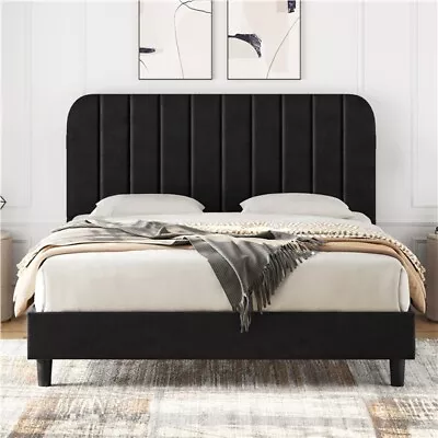 Velvet Upholstered Platform Bed Frame With Vertical Channel Tufted Headboard • $124.99