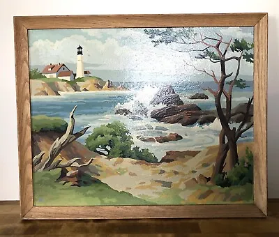 Vintage 1960's PBN Paint By Number Lighthouse Seascape 16x20 • $75