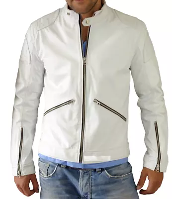 Jacket Leather Motorcycle Biker Men Men's Racer Slim Cafe Vintage Fit White 91 • $50