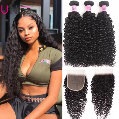 UNice Mongolian Curly Human Hair Extensions 3 Bundles With Lace Closure Weave US • $160.47