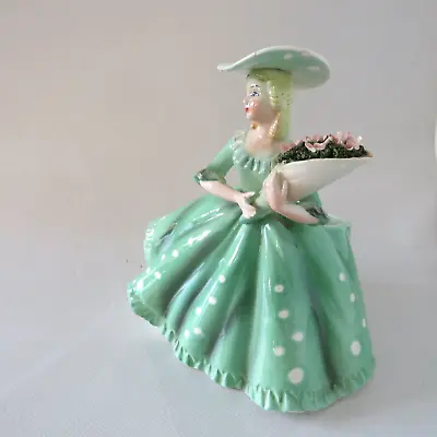 Vtg Lefton Figurine Planter #1855 Lady Green Polka Dot Dress W Pink Bouquet 6  • $14.50