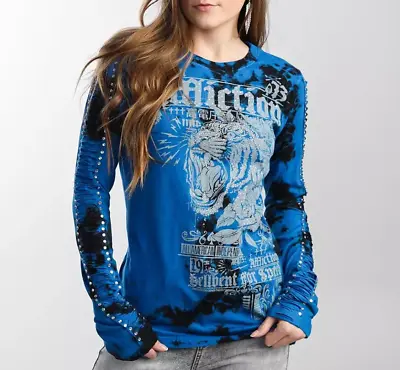 Affliction Women's “Highway Prowlers” Long Sleeve Rhinestone Graphic T-shirt NWT • $78.11