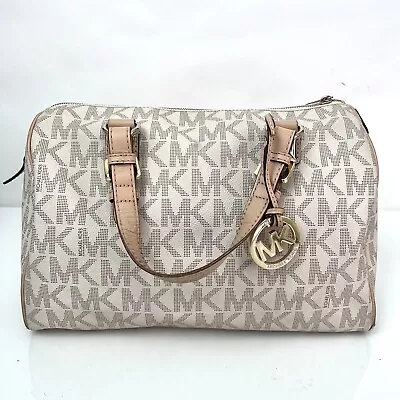 Michael Kors Grayson Satchel Tote Handbag Large Cream Tan Coated Canvas Logo • $79.99