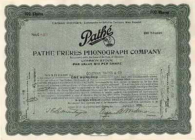 Pathe Freres Phonograph Co. - Stock Certificate - General Stocks • $105