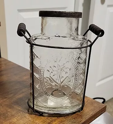 Rustic Glass Jar Vase In Metal Stand With Frog Lid 7 1/2  H • $20