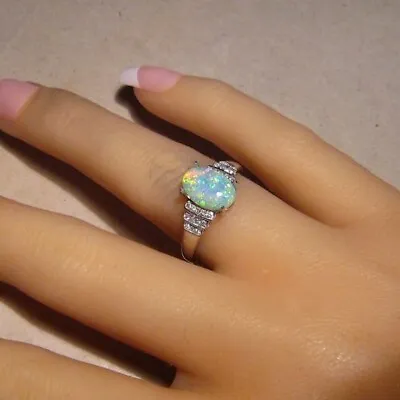 Opal Jewelry Vintage Antique 9x6mm Oval Opal Ring 14k White Gold Over Opal Ring • $209.23