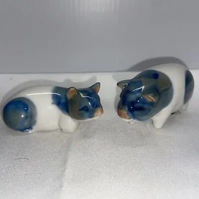 Otagiri Japan Miniature Pig Piglet Figurines Blue White Porcelain Small Set Of 2 • $24