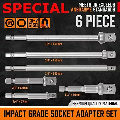 6PC Impact Grade Power Drill Socket Adapter Set 6  Driver 1/4 3/8 1/2 Hex Shank • $7.95