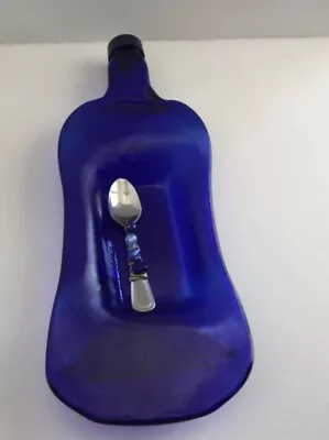 Handmade Decorative Melted Glass Bottle Blue Spoon Rest Trinket Dish F18 • $28.99