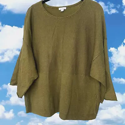 Pure Jill Sweater Small Green Cotton Cashmere Lagenlook Kimono Sleeve Pockets • $55