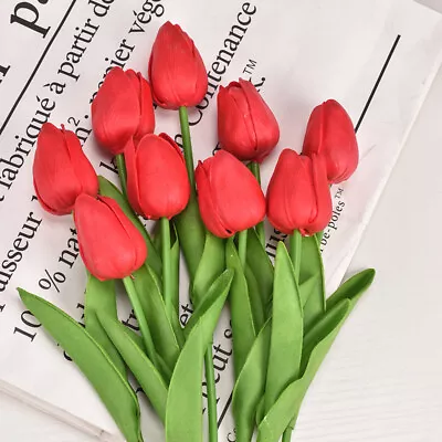 10x Artificial Tulip Flowers Fake Bouquet Real Touch Home Wedding Party Decor • £6.99