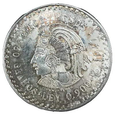 1947 MEXICO 5  Cinco  PESOS Big 30g Cuauhtemoc Aztec Silver Coin GEM UNC. #3 • $64.95