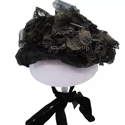 Womens One Size Mourning Hat Late 1800s Lace Netting Beaded Leaves Velvet Tie • $125