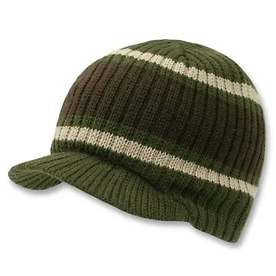 Olive Green Brown Striped Campus Visor Jeep Skull Knit Winter Beanie Cap Hat • $12.95