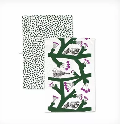 Marimekko Bird Berry Linen Cotton Pink Green Tea Towels Set X2 Sold Out NWT New • $74.99