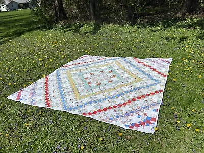 Vintage Hand Stitched Patchwork Quilt 73 X 78 - Stunning Condition! Colorful • $185