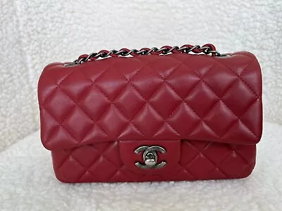 Chanel Mini Classic Flap Bag Red Lambskin With Ruthenium Hardware • $4800