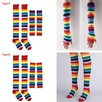 Women Men Rainbow Striped Stockings+Arm Fingerless Gloves Bow Tie Stretchy Socks • $4.70