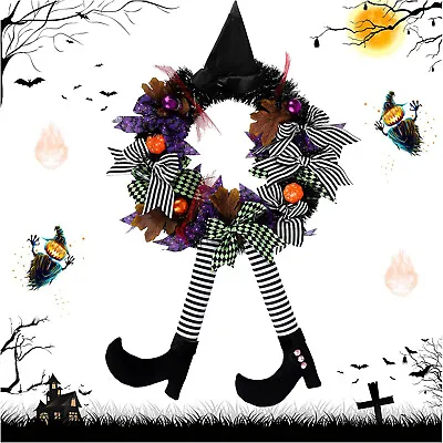 Halloween Front Door Witch Wreath Witch's Hat And Hanging Leg Pumpkin Decoration • £6.89