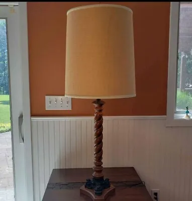 Tall Wood Table Lamp With Shade Retro Vintage Barley Twist Spiral Buffet Lamp • $109.64