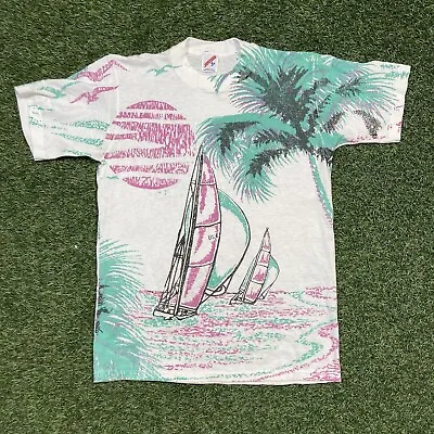 Vintage 90s Sail Boat T Shirt Palm Tree Beach Shore Medium Ocean Tee Medium • $24.98