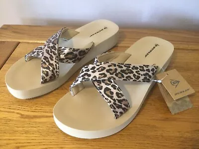 Dunlop “Leo” Ladies Low Wedge  Flip Flop Sandals Size 3 Beige Leopard -  NEW • £7.49