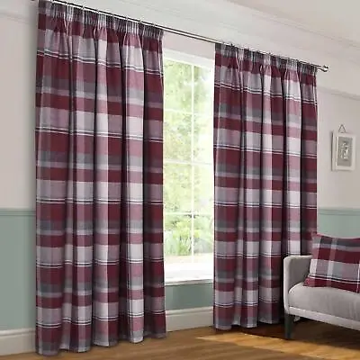 Braemar Check Wine Lined Pencil Pleat Curtain Pair Pencil Pleat Curtains • £76