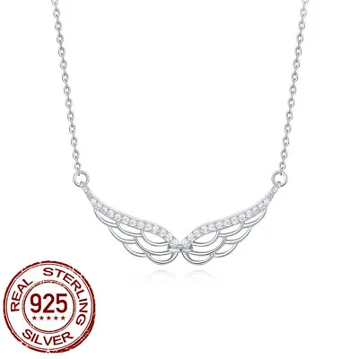 Sterling Silver Angel Wing Pendant Necklace S925 Chain Women Zircon Jewelry Gift • $9.49