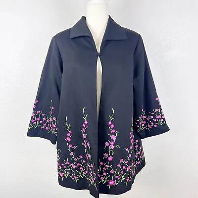 Vintage Victor Costa Women’s Medium Black Embroidered Pink Flowers Nehru Jacket • $54.99