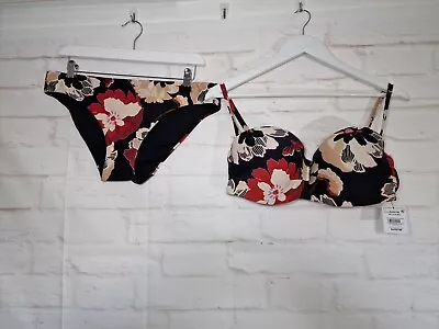 Next Bikini Size 14 Black Red Floral Padded Underwire Cups 38C Swimwear Beach • £18.99