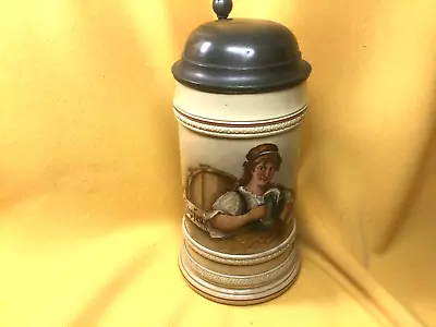 Mettlach German 0.5L Beer Stein -Beer Maid With Stein- Hops Glowing • $125