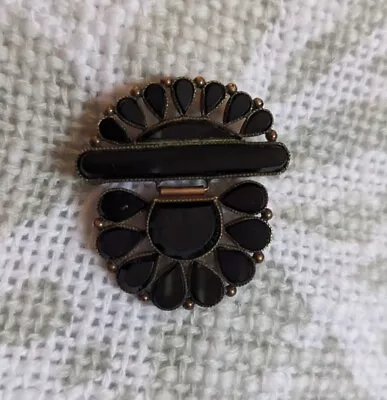 Antique Victorian Mourning Pin Brooch Jet Black Glass Gold Filled Rare • $55.99