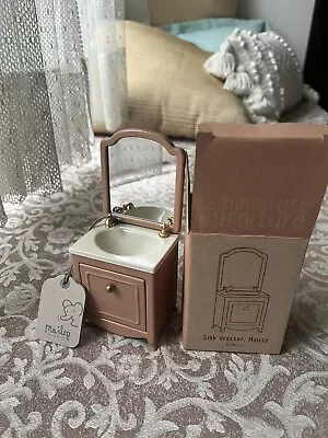 Maileg Mouse Size Sink Dresser With Mirror Dark Powder New! • $57.99