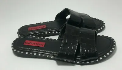 London Rebel Flat Studded Mule Sandals In Black Croc UK 6 • £13.59