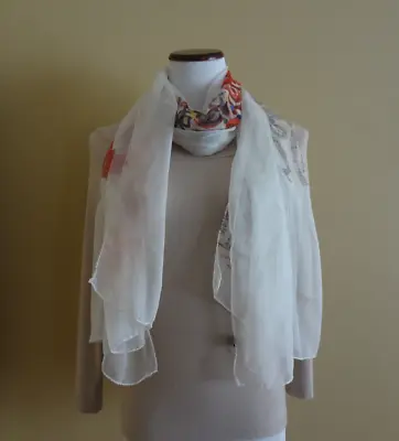 Vintage 100% Silk Ivory Multi Color Floral Abstract Semi Sheer Oblong Shawl Wrap • $40