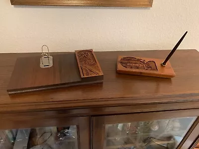 Vtg Train Engraved Wood Desk Set • $34.99