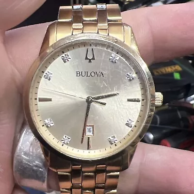 Bulova Sutton Men's Quartz Gold-Tone Calendar Diamond Indices Watch 40MM 97D123 • $69.98