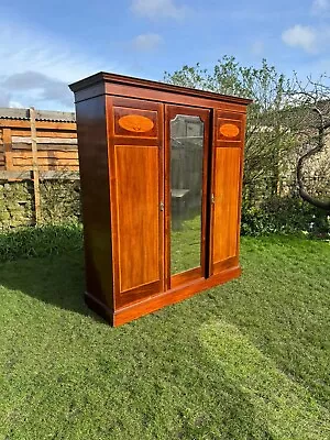 Triple Mahogany Antique Wardrobe Walnut Inlay Shelves • £395