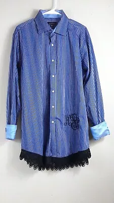 ZIGGURAT Womens L Lace Hem  Pablum Blue White Striped Convertible Monogram Shirt • $12