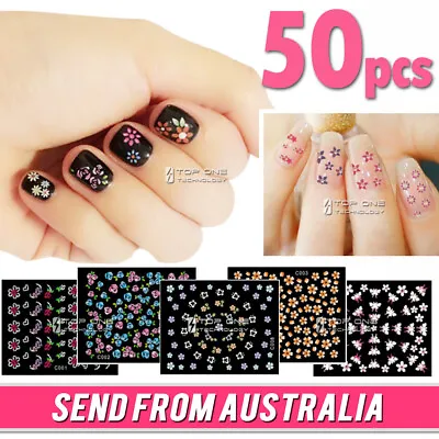 $8.95 • Buy 50 X Nail Art Stickers Assorted Self Adhesive Flowers Butterflies 3D DIY 3017C